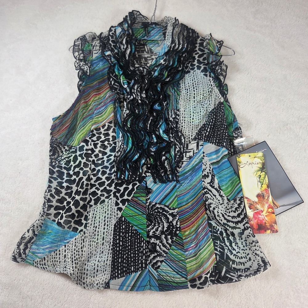 Lapis Womens Multicolor Patchwork Ruffle Neck Sleeveless Blouse Top 1316S Medium
